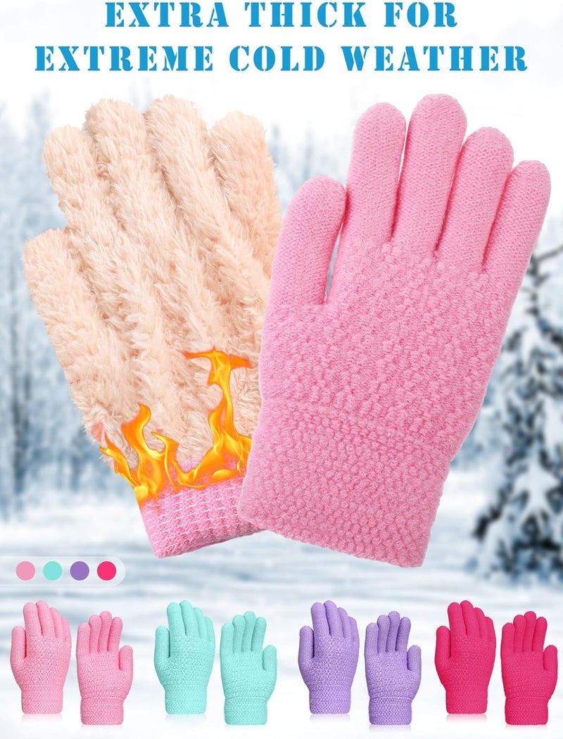 Chuarry 4 Pairs Kids Fleece Lined Gloves Winter Warm Knit Gloves for Girls Boys Cold Weather Supplies, 6-10 Years - Image 3